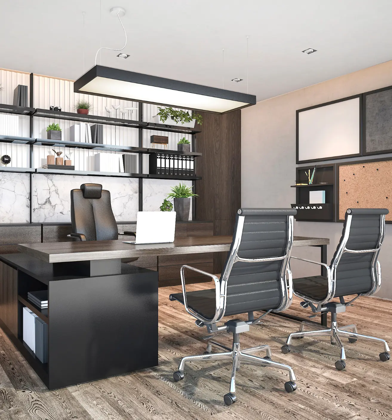 Modern executive office (Dark wood desk, black chairs, and shelving)